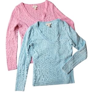 LOFT  | Set Two Soft Girl Rabbit Hair Blend V-Neck Cable Knit Pastel Sweater | S